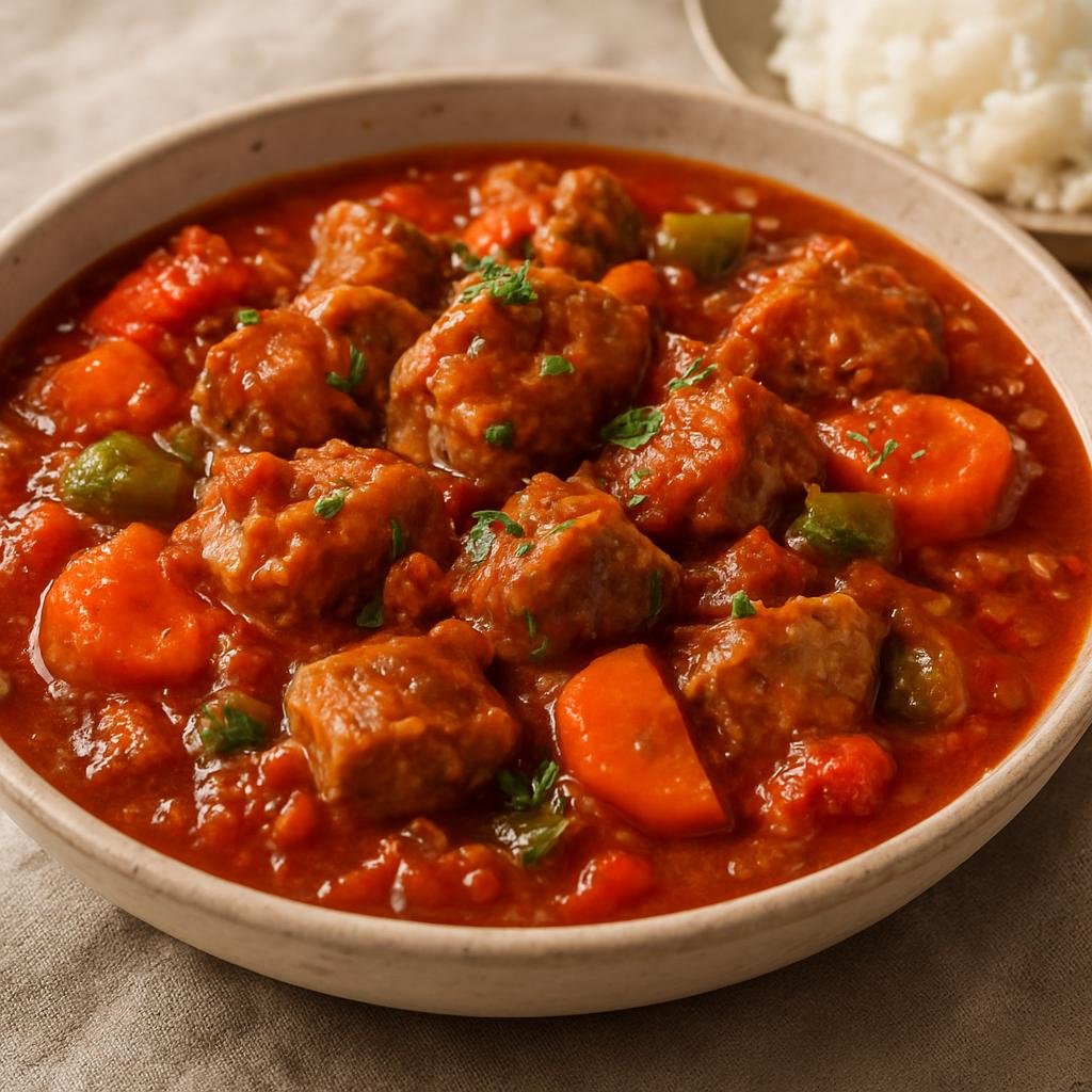 Entree: Guadeloupe – National Cuisine – Ragoût de Cochon (Guadeloupean slow-braised pork stew in a spiced tomato and vegetable sauce) recipe