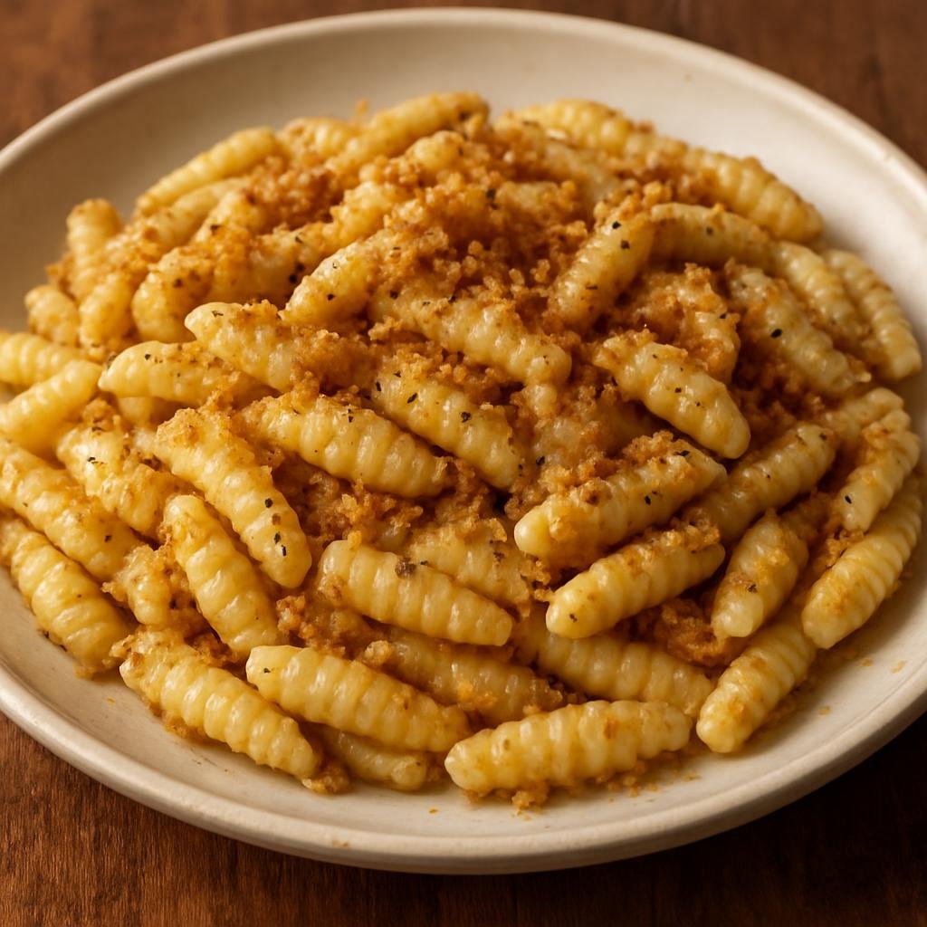 Entree: Italy – Basilicata – Cavatelli con Mollica (Rustic cavatelli pasta tossed with garlic-infused olive oil and toasted breadcrumbs) recipe