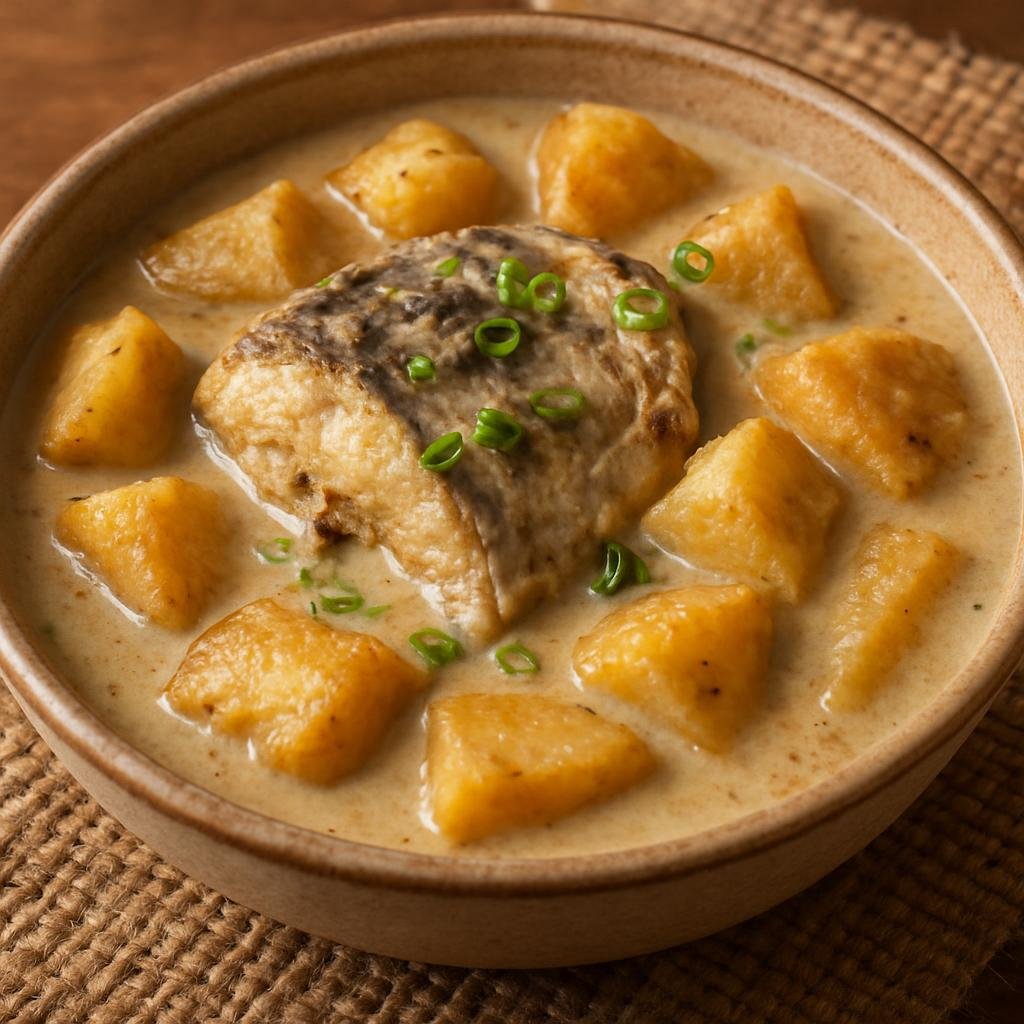 Entree: Kiribati – National Cuisine – Te Bua Toro Ni Mwakoro (Kiribati coconut-braised fish with breadfruit, a traditional island one-pot meal) recipe