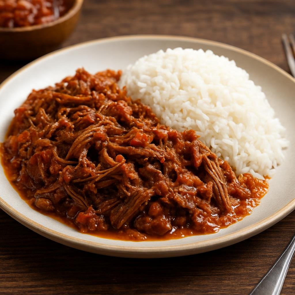 Entree: Madagascar – National Cuisine – Varanga (Shredded braised zebu or beef stewed with onions, tomatoes, garlic, and ginger, typically served with rice) recipe