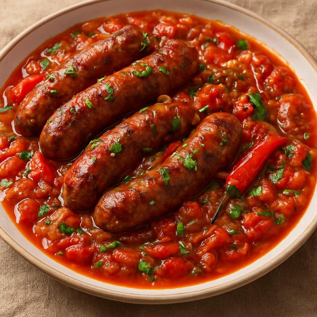Entree: Mauritius – National Cuisine – Sausage Rougaille (Mauritian creole sausages simmered in a garlicky tomato and onion sauce with herbs and chilies) recipe