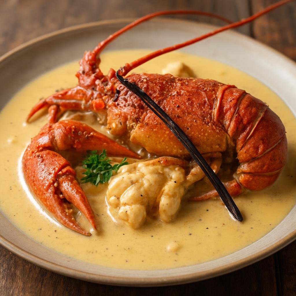Entree: New Caledonia – National Cuisine – Langouste à la Vanille (Spiny lobster poached and finished in a rich vanilla-scented butter and cream sauce) recipe