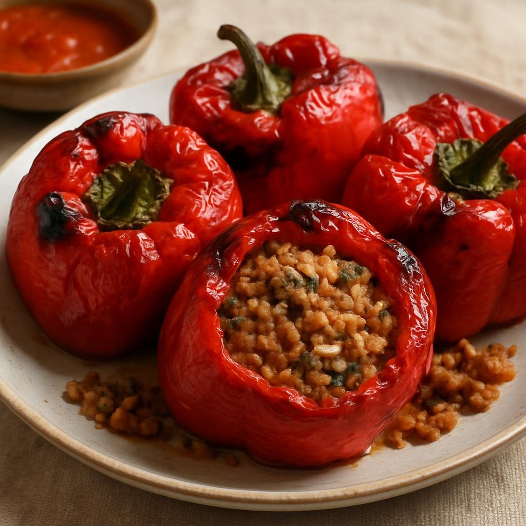 Entree: North Macedonia – National Cuisine – Полнети пиперки ➤ Polneti piperki (Roasted sweet peppers stuffed with a savory mixture of rice and ground meat) recipe