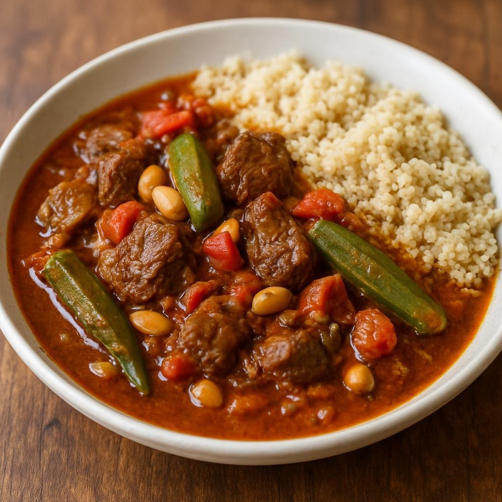 Entree: South Sudan – National Cuisine – Kajaik (Hearty South Sudanese tomato, peanut, and okra beef stew traditionally served with sorghum or millet) recipe