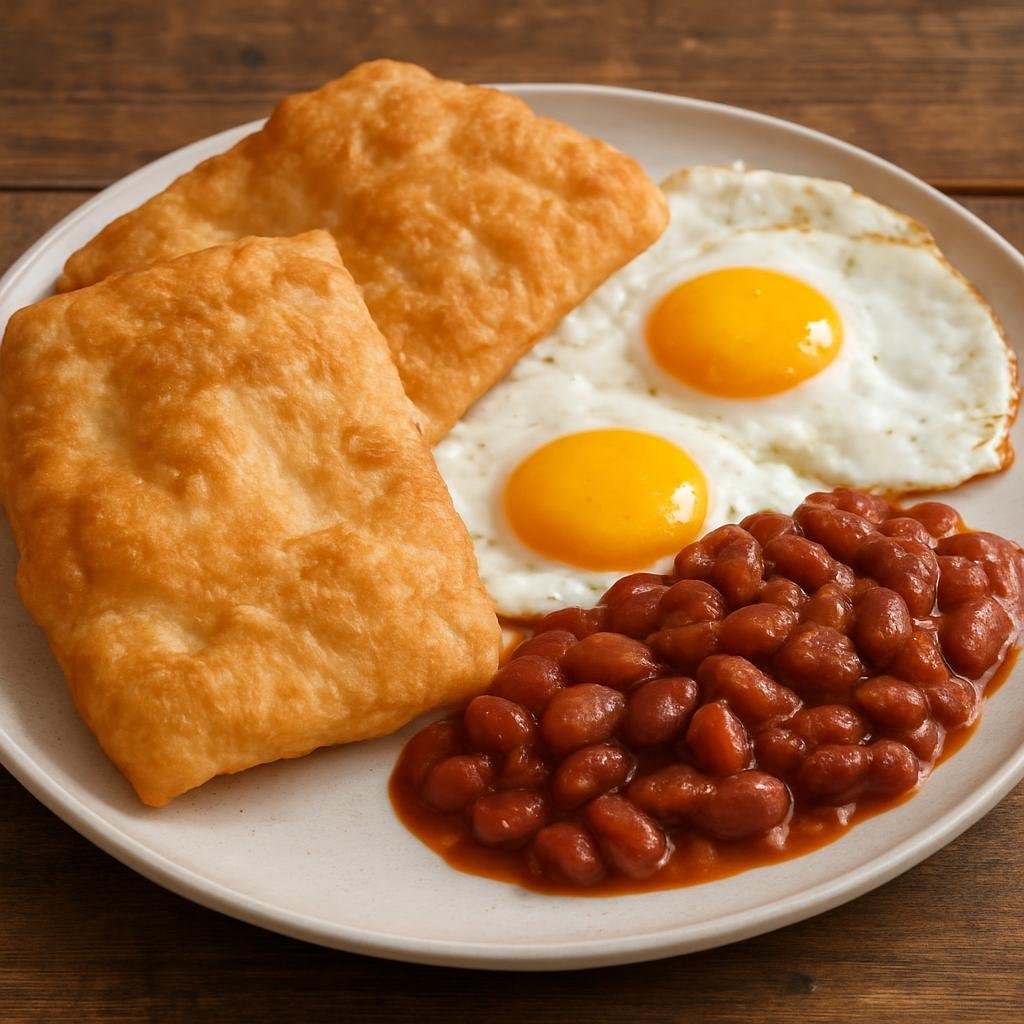 Entree: Belize – Fry Jacks with Eggs and Beans (Crispy fried dough pockets served with fried eggs and seasoned stewed beans) recipe
