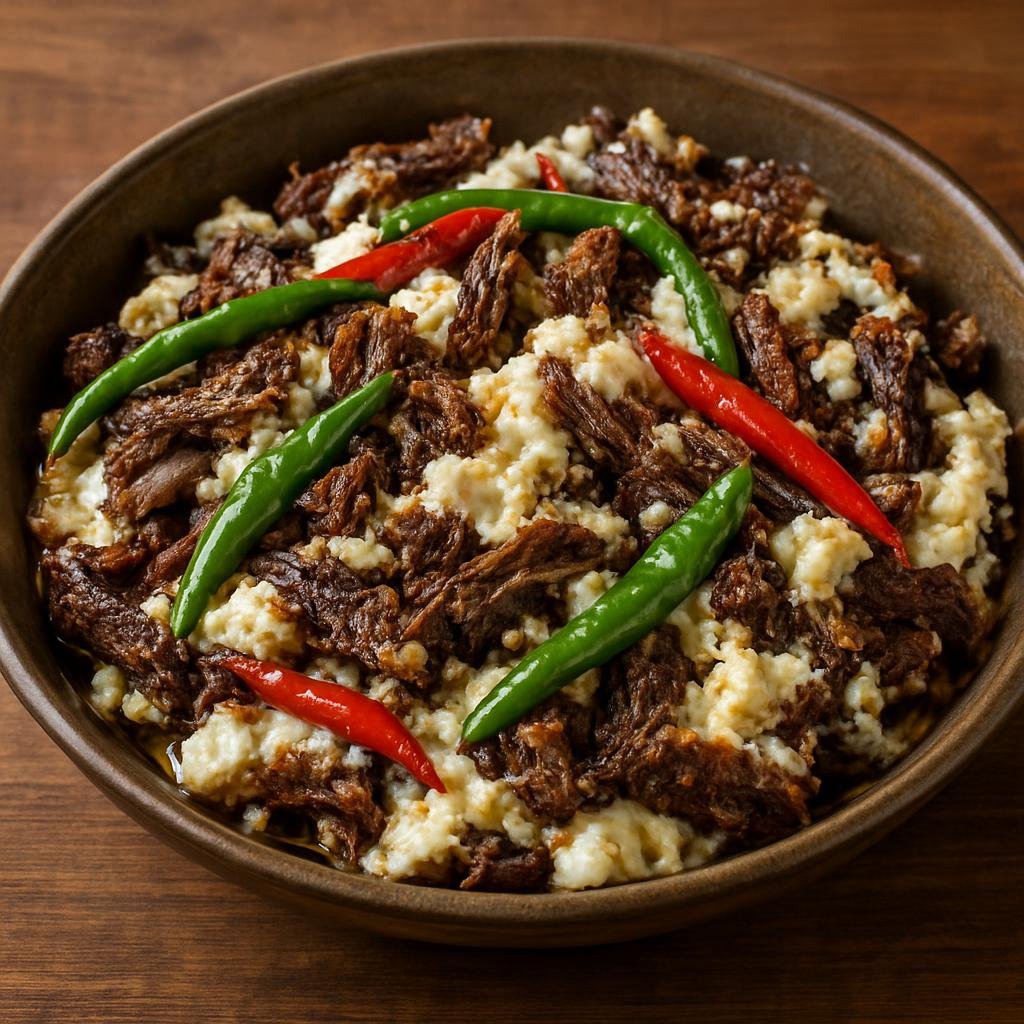 Entree: Bhutan – Shakam Datshi (Dried beef cooked with soft Bhutanese cheese and fresh chilies) recipe