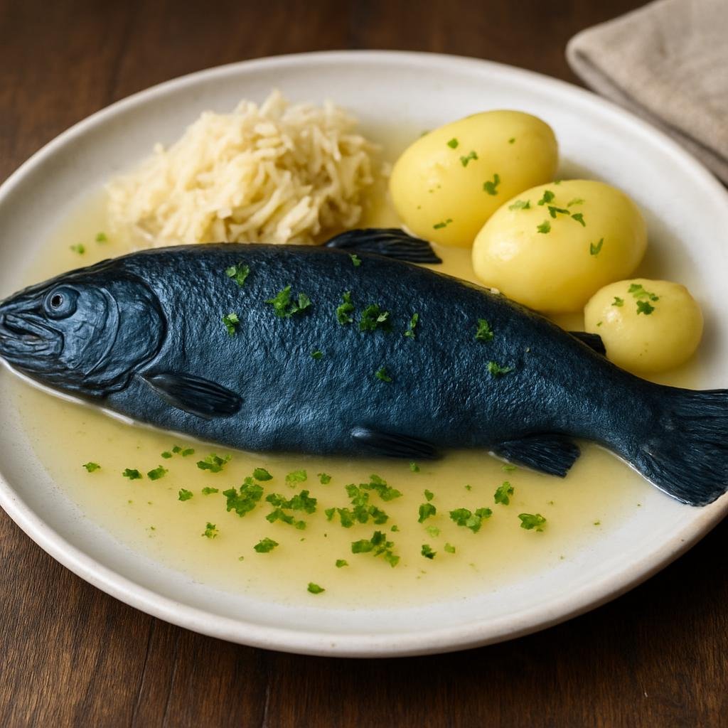 Entree: Liechtenstein – Forelle Blau (Whole trout gently poached in vinegar-scented water that turns the skin blue-black) recipe