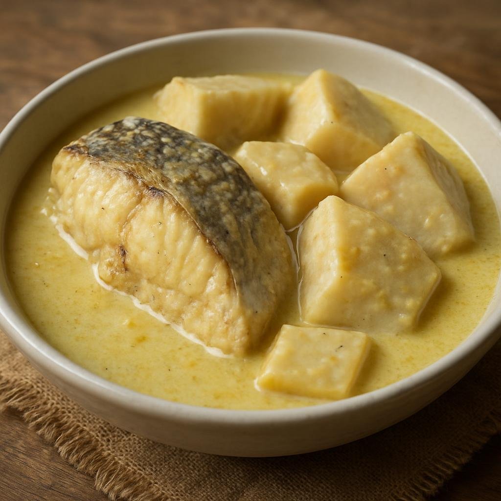 Entree: Marshall Islands – Fish and Taro (Island-style cooked fish served with boiled taro root and a coconut-based sauce) recipe