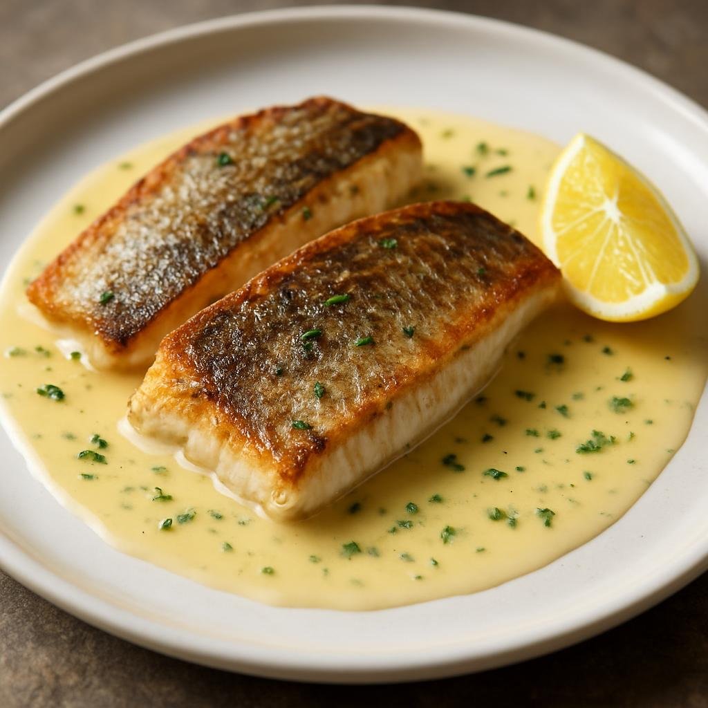 Entree: Monaco – Filet de Loup de Mer (Pan-seared European sea bass fillets with a classic lemon and white-wine beurre blanc) recipe