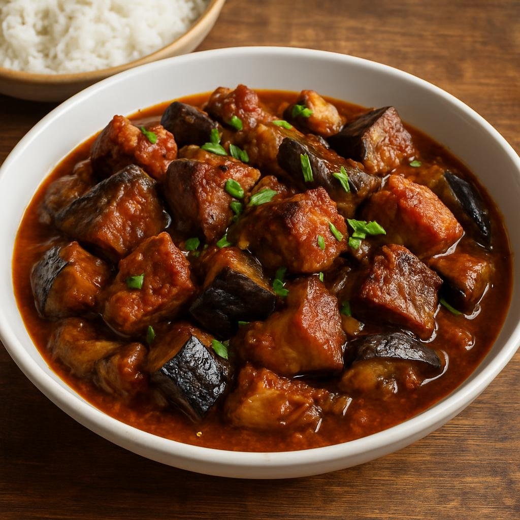 Entree: Réunion – Boucané Bringelle (Smoked pork stewed with eggplant in Réunion Creole style) recipe