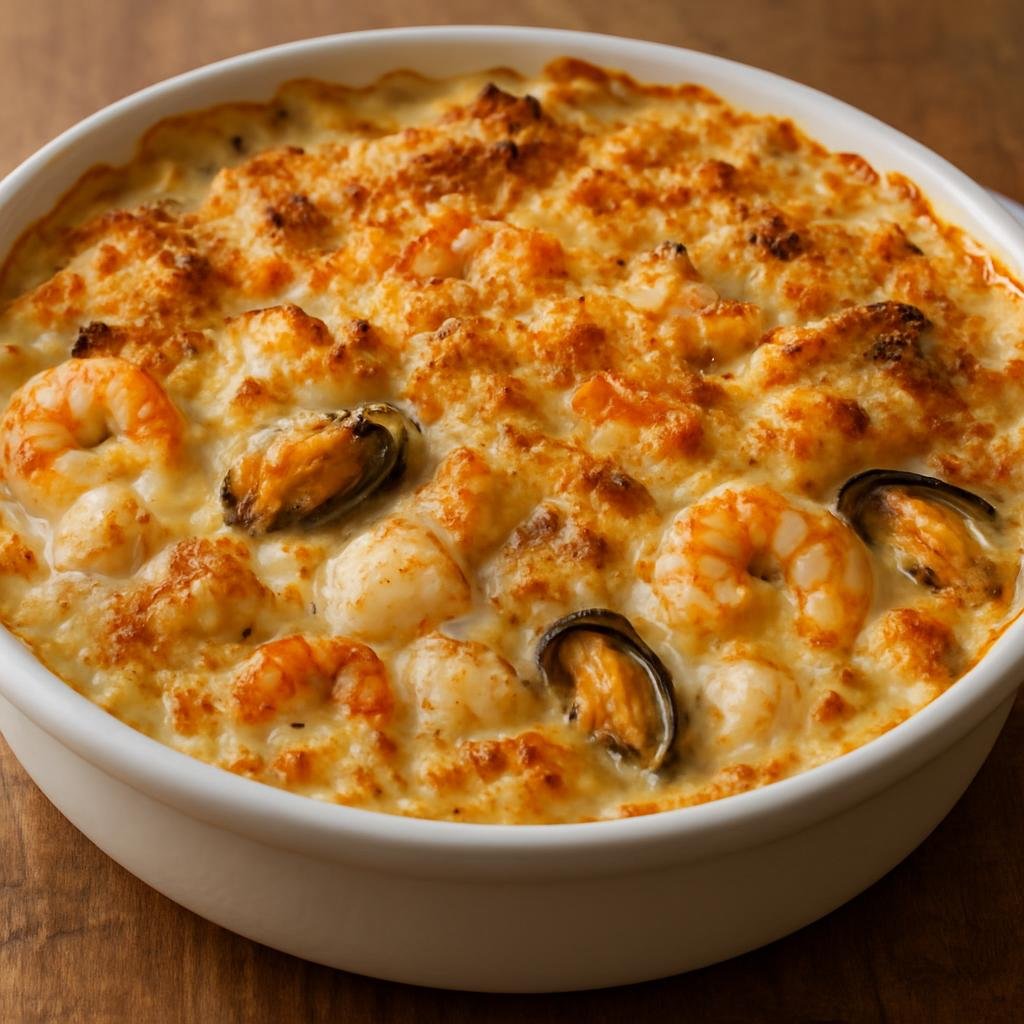 Entree: Saint Pierre and Miquelon – Gratin de Fruits de Mer (Creamy baked mixed seafood casserole topped with cheese and breadcrumbs) recipe