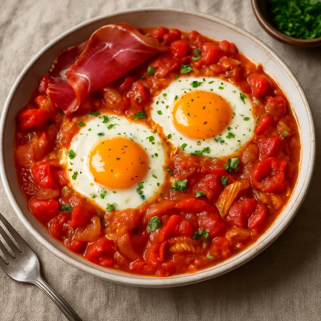 Entree: France – Basque Country – Piperade (Basque stew of peppers, tomatoes, and onions often finished with eggs or cured ham) recipe