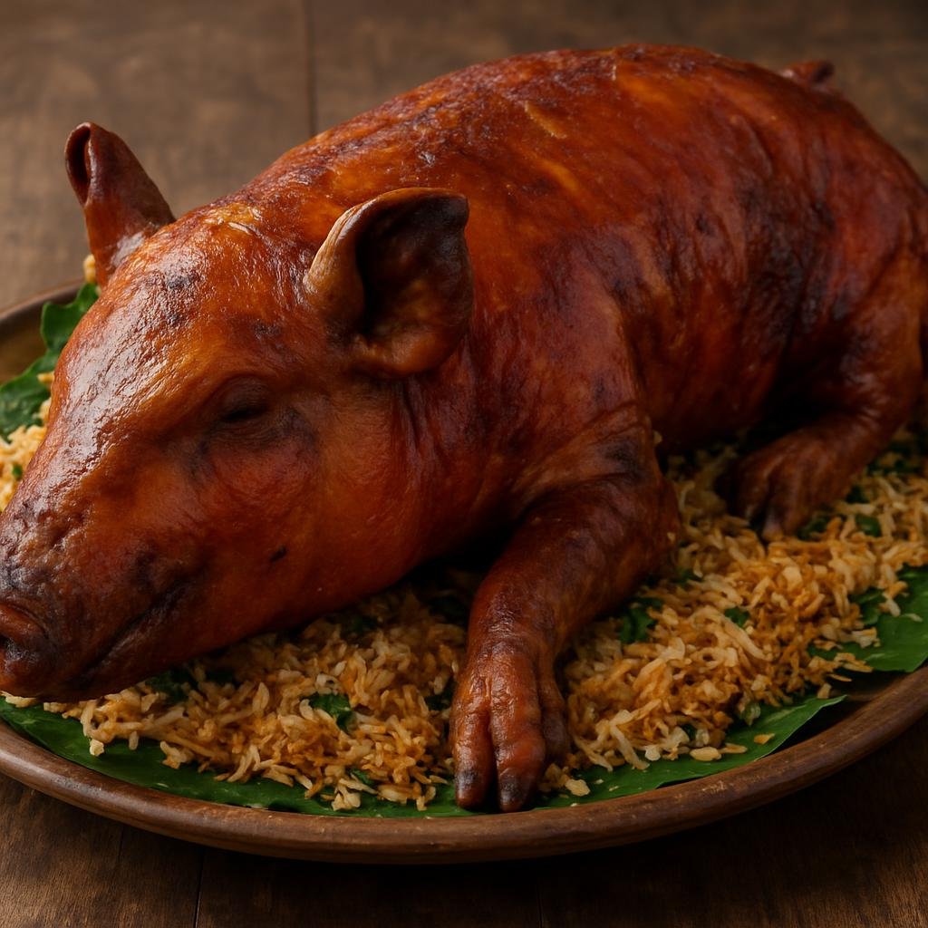 Entree: Solomon Islands – Roast Pig (Whole pig slow-roasted over coals or in an earth oven with coconut and island aromatics) recipe