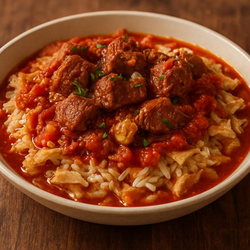 Entree: Sudan – فتة ➤ fatta (Layered torn flatbread and rice topped with spiced stewed meat and garlicky tomato broth) recipe