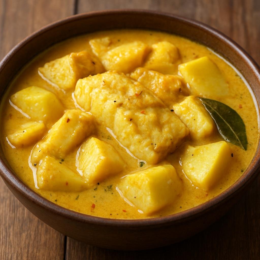 Entree: Tuvalu – Breadfruit and Fish Curry (Coconut-milk curry of breadfruit and firm white fish simmered with island spices) recipe