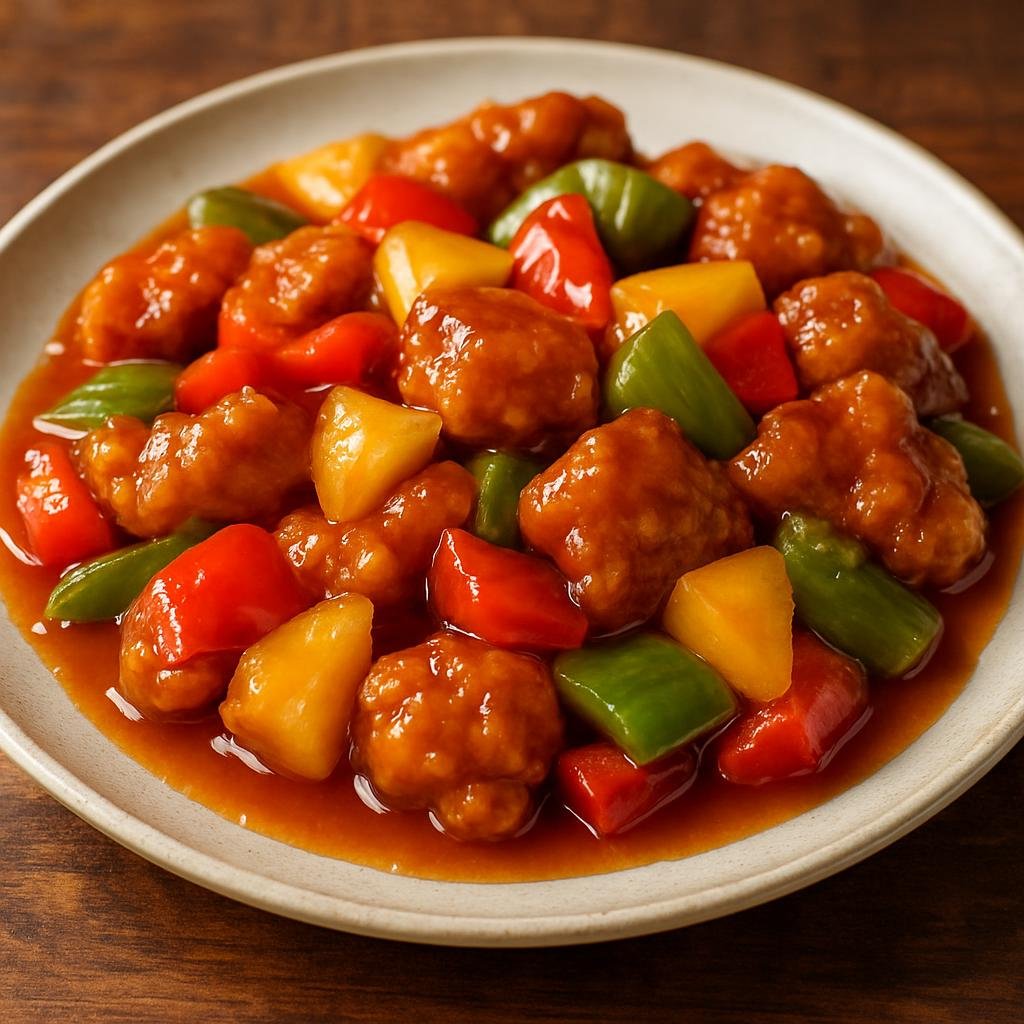 Entree: United States Minor Outlying Islands – Sweet and Sour Pork (Bite-sized pork in a tangy sweet-and-sour sauce with pineapple and peppers) recipe