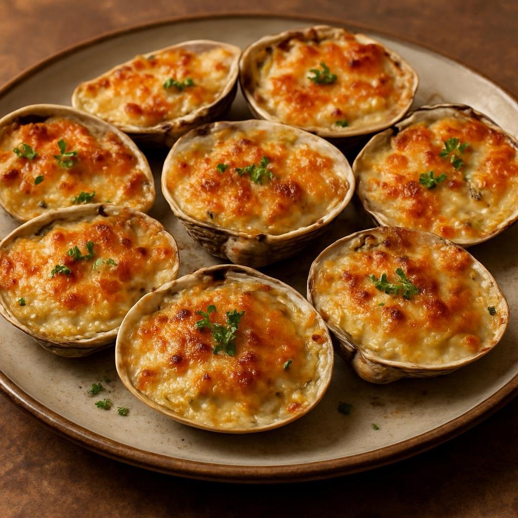 Entree: Mexico – Baja California – Almejas Gratinadas (Baja-style baked clams topped with garlic‑butter, cream, cheese and breadcrumbs) recipe