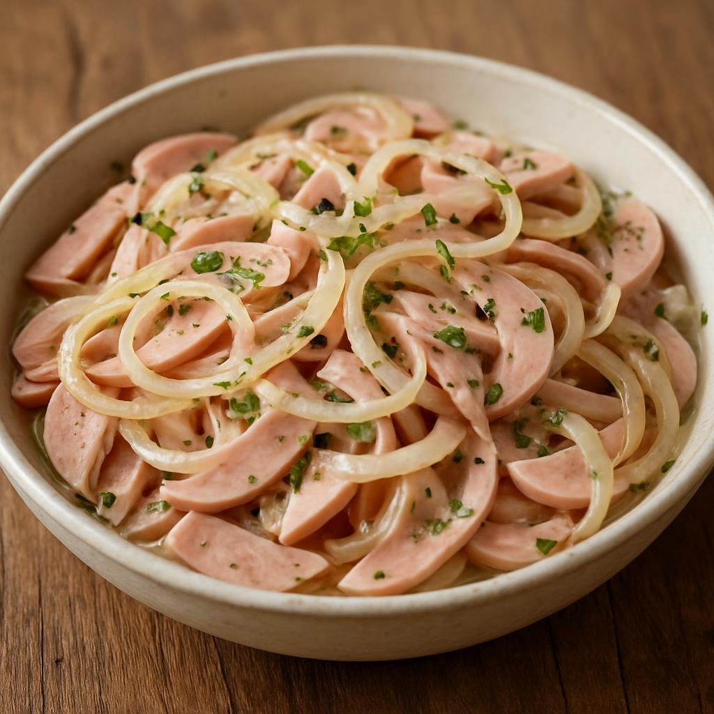 Entree: Germany – Baden – Badischer Wurstsalat (Baden-style sausage salad of sliced cooked sausage, pickled onion, and a tangy vinegar dressing) recipe