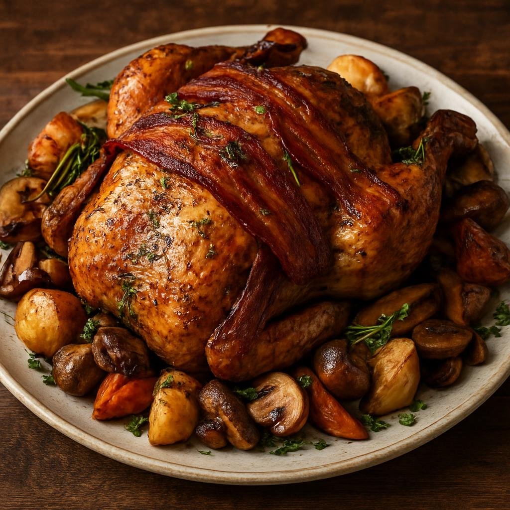 Entree: Canada – Alberta – Prairie Chicken (Roasted prairie game bird dressed with bacon, mushrooms, herbs, and roasted root vegetables) recipe