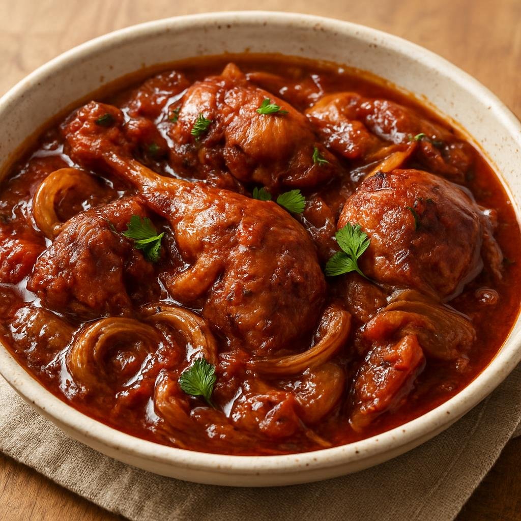 Entree: Greece – Aegean Islands – Κουνέλι στιφάδο ➤ Kouneli stifado (A slow-braised Aegean rabbit stew with onions, tomatoes, red wine, and warm spices) recipe
