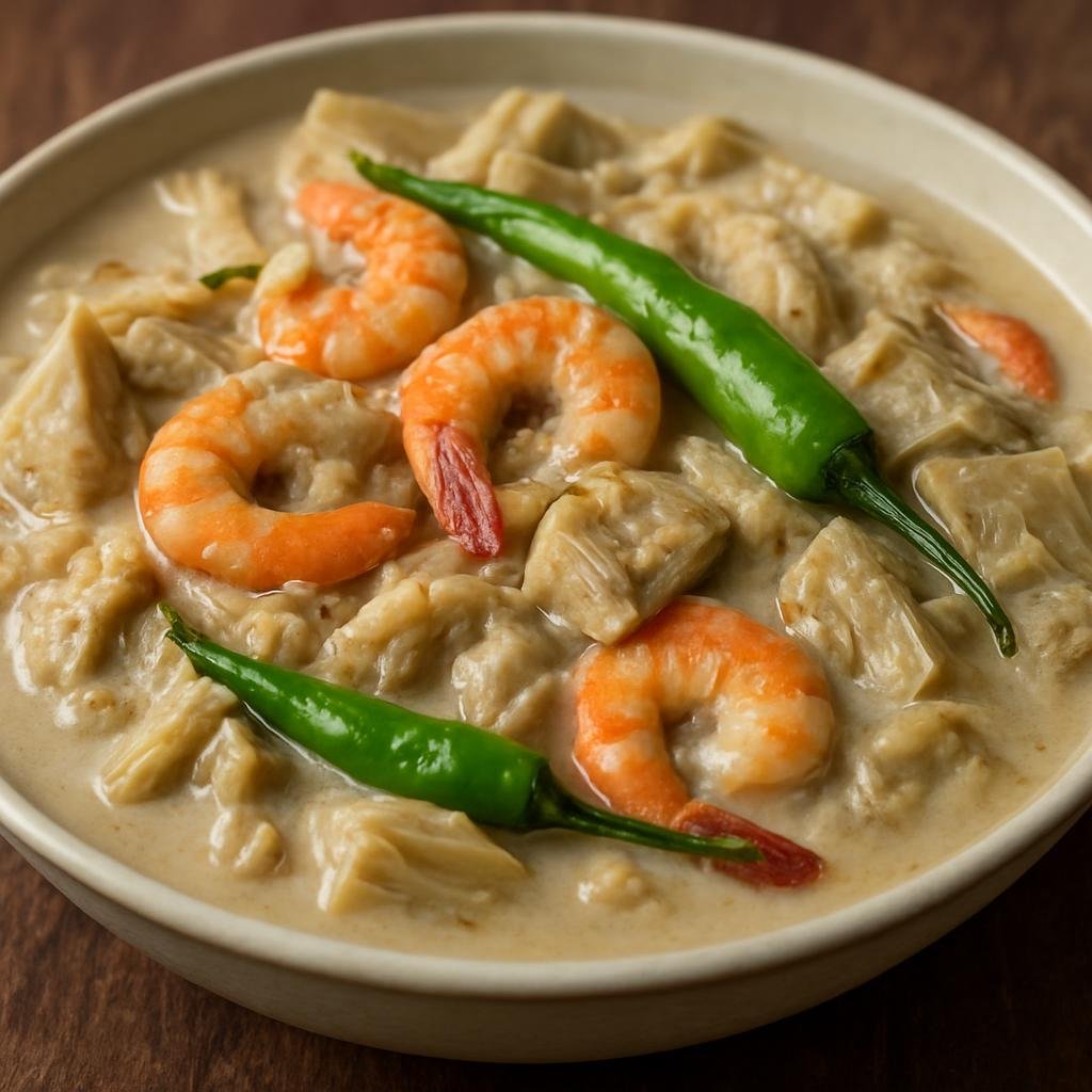 Entree: Philippines – Bicol – Ginataang Langka (Young jackfruit simmered in rich coconut milk with shrimp and Bicol chilies) recipe
