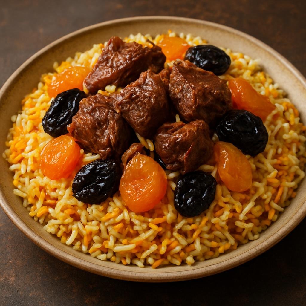 Entree: Azerbaijan – Azeri Northwest – Plov (Saffron-scented layered rice pilaf with braised lamb and dried fruits) recipe