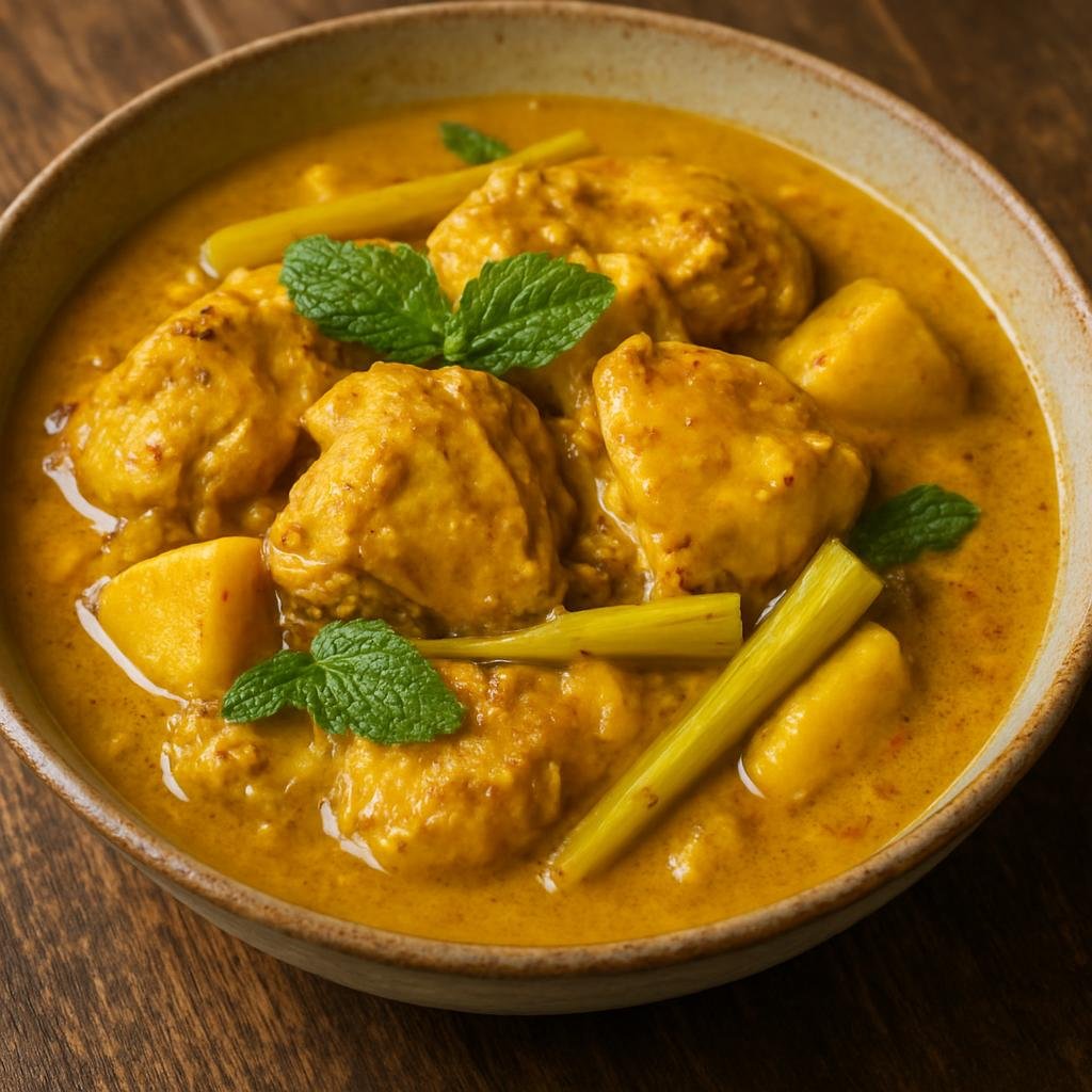 Entree: Cambodia – Central Culinary Region – ការ៉ី សាច់មាន់ ➤ Kari sach moan (Cambodian-style coconut chicken curry scented with lemongrass, turmeric and warm Khmer spices) recipe