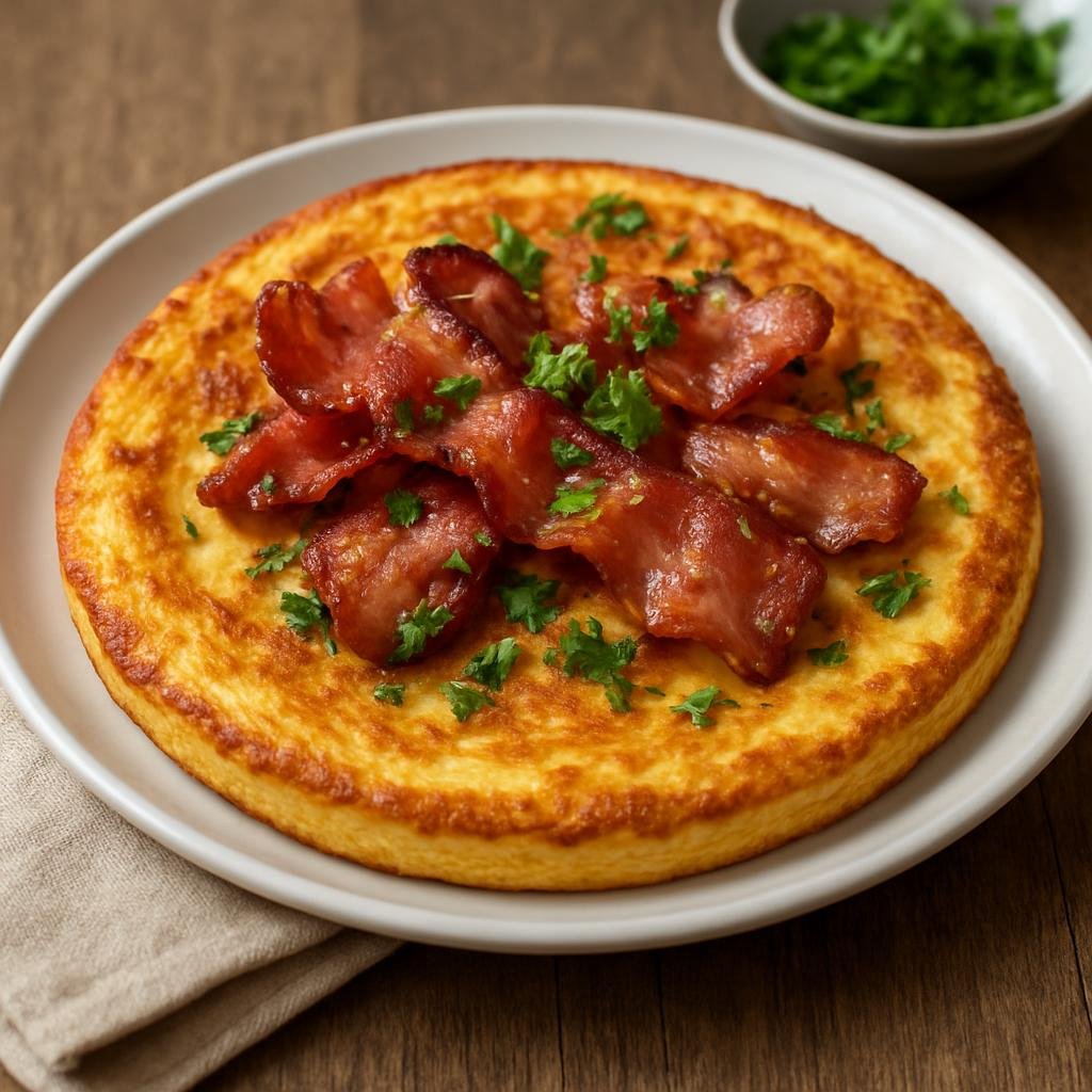 Entree: Denmark – Bornholm – Æggekage (Thick, pan-cooked Danish egg pancake served with fried bacon and fresh herbs) recipe