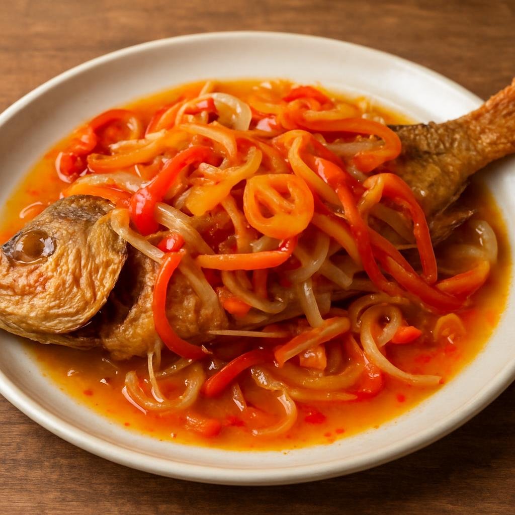Entree: Antigua and Barbuda – Central Culinary Region – Escovitch Fish (Whole fried fish topped with a spicy pickled pepper and onion vinegar sauce) recipe