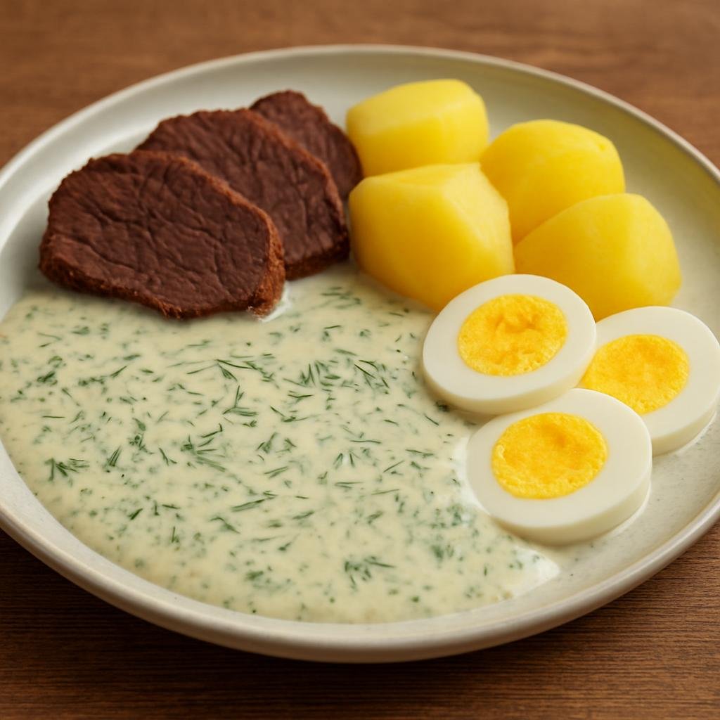 Entree: Czechia – Bohemia – Koprová omáčka (Creamy dill sauce traditionally served with boiled beef, eggs, and potatoes) recipe