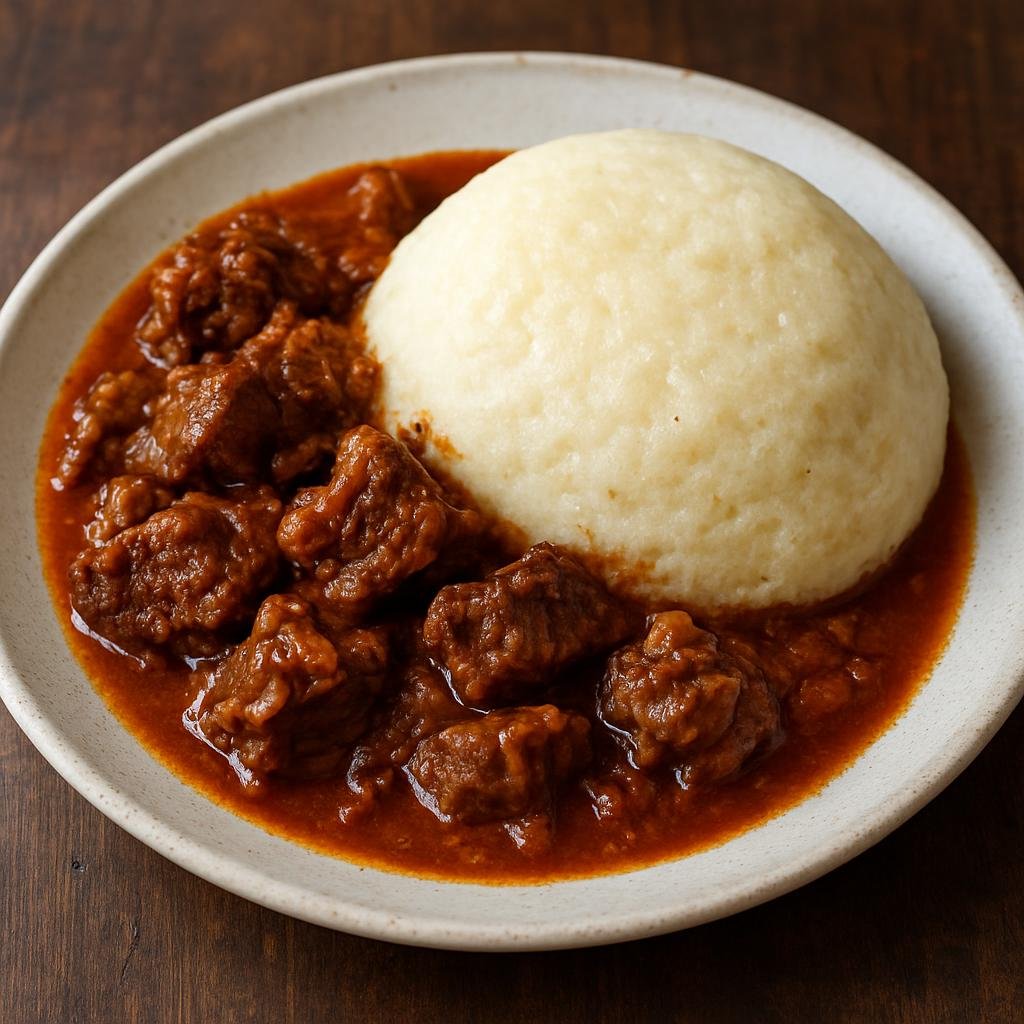 Entree: Zimbabwe – Southern Culinary Region – Sadza neNyama (Thick cornmeal porridge served with a slow-simmered savory meat stew) recipe