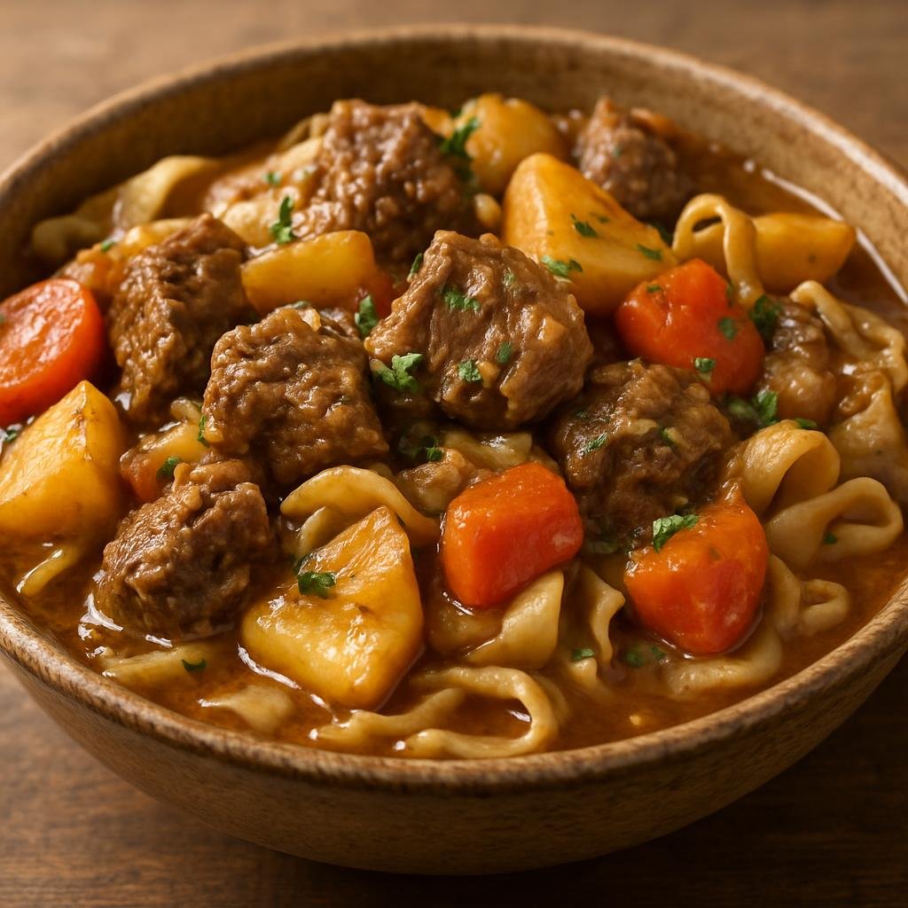 Entree: Kazakhstan – Almaty & Southeast – Koktal (Hearty Kazakh braised lamb and vegetable pot with hand-cut noodles) recipe