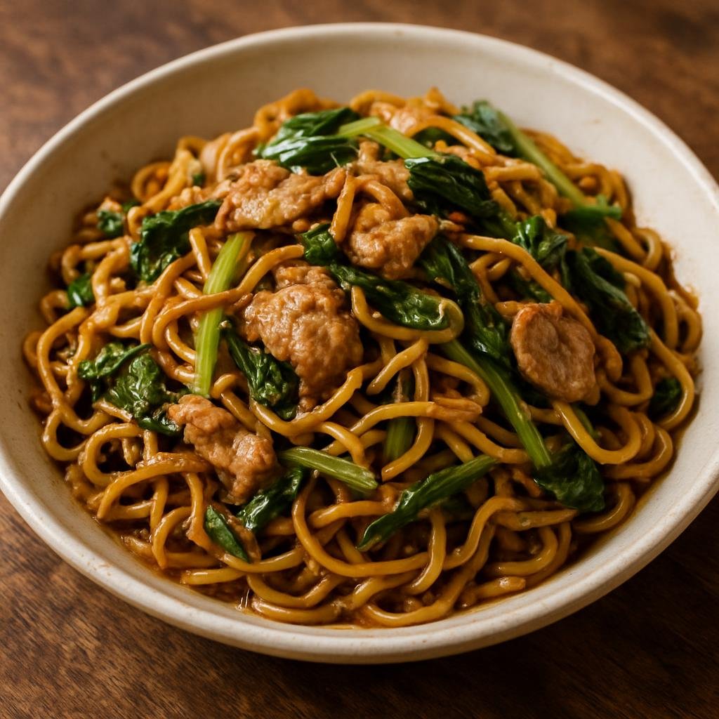 Entree: Laos – Lao Isan Border Cuisine – Kua Mee (Stir-fried egg noodles with pork, greens, and Lao-Isan savory-sour seasonings) recipe