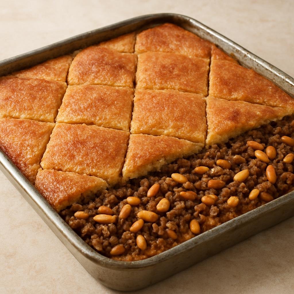 Entree: Lebanon – Beirut & Coastal Lebanon – كبة بالصينية ➤ kibbeh bil-sanīyeh (Baked layered casserole of bulgur dough filled with spiced ground lamb and pine nuts) recipe