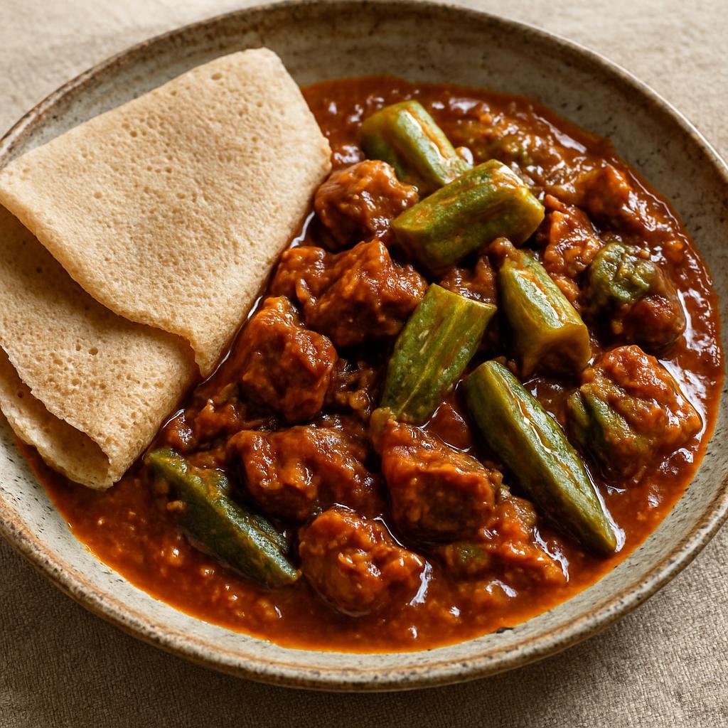 Entree: South Sudan – National Cuisine – Kisra Rhaad (South Sudanese lamb and okra stew served with fermented sorghum flatbread) recipe