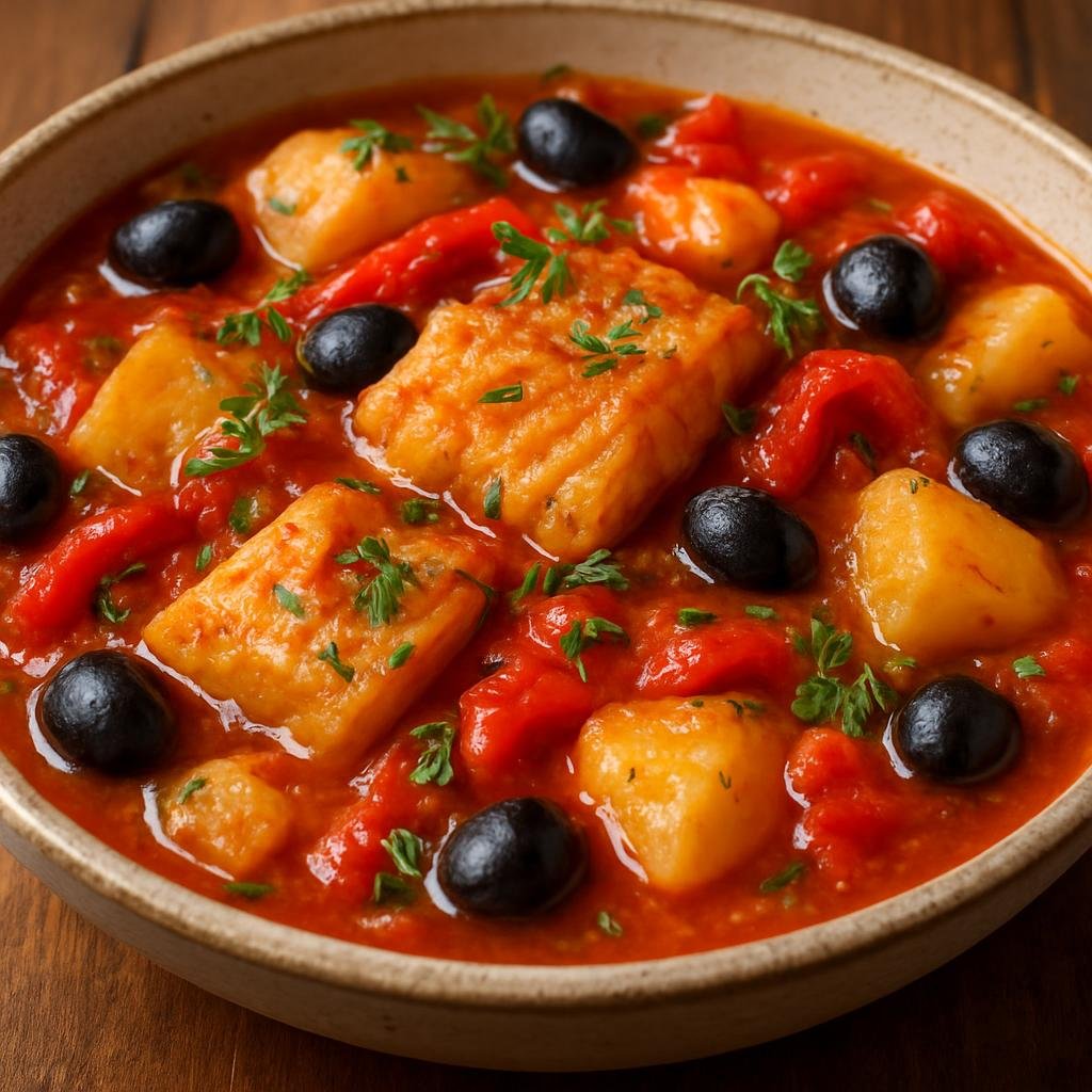 Entree: Svalbard and Jan Mayen – National Cuisine – Bacalao (Slow-simmered salt cod stew with tomatoes, potatoes, peppers, olives, and aromatic herbs) recipe