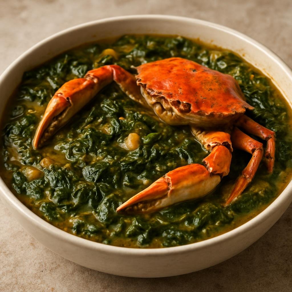 Entree: Anguilla – Callaloo with Crab (Leafy Caribbean stew of callaloo greens simmered with crab in a richly seasoned coconut broth) recipe