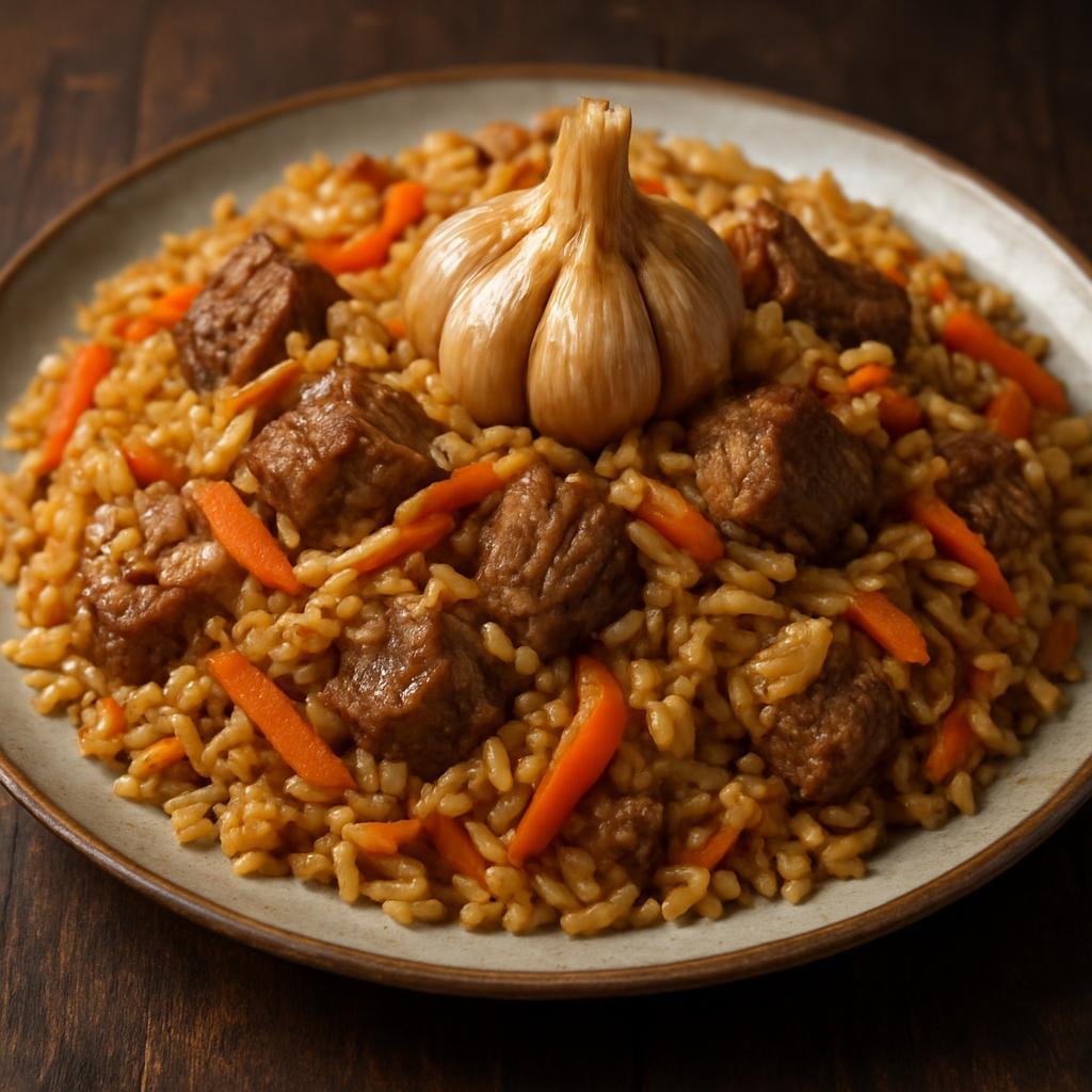 Entree: Turkmenistan – Southern Culinary Region – Plov (Central Asian rice pilaf with lamb, carrots, onions, and whole garlic cooked in fat) recipe