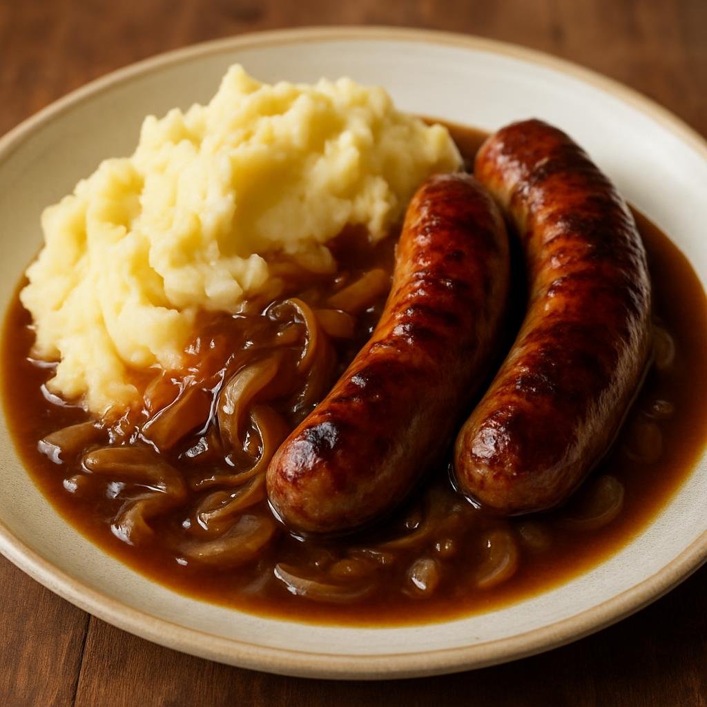Entree: Guernsey – Guernsey Sausage and Mash (Traditional pan-fried pork sausages served with creamy mashed potatoes and onion gravy) recipe