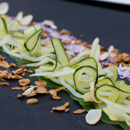 Appetizer: China – 碧绿菊花酱式黄瓜条 ▶ Bi Lu Ju Hua Jiang Shi Huang Gua Tiao (Chilled Ginger-Sesame Cucumber Ribbons with Peanut Crunch) recipe