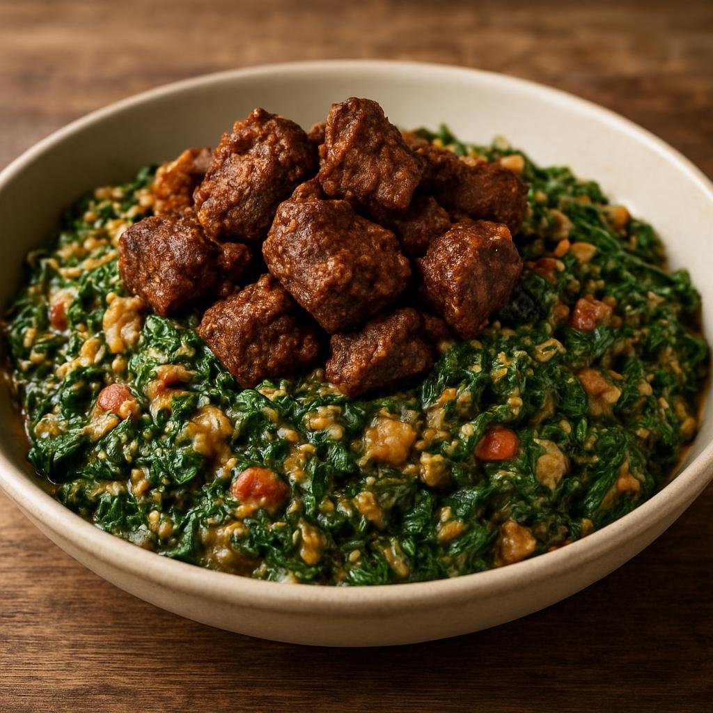 Entree: Niger – Zogale Salad with Meat (Moringa leaf salad dressed with groundnut and topped with spiced cooked meat) recipe