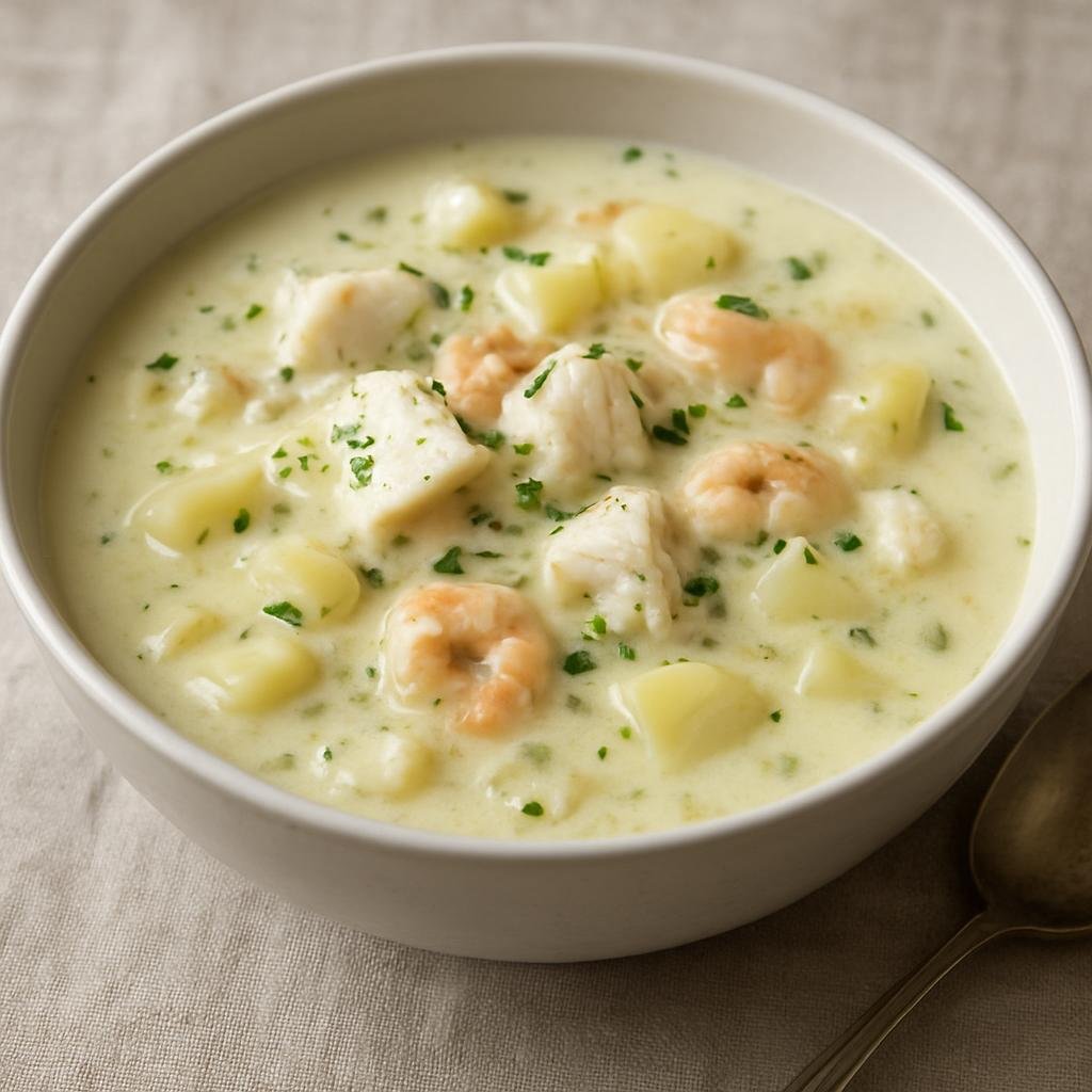 Entree: Norfolk Island – Seafood Chowder (A creamy island-style soup of local white fish, potatoes, and aromatics finished with milk or cream) recipe