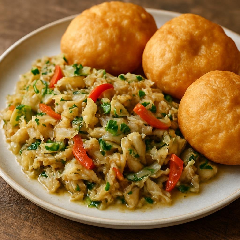 Entree: Saint Lucia – Saltfish and Bakes (Salted cod simmered with aromatics and herbs, served with pillowy fried dough called bakes) recipe