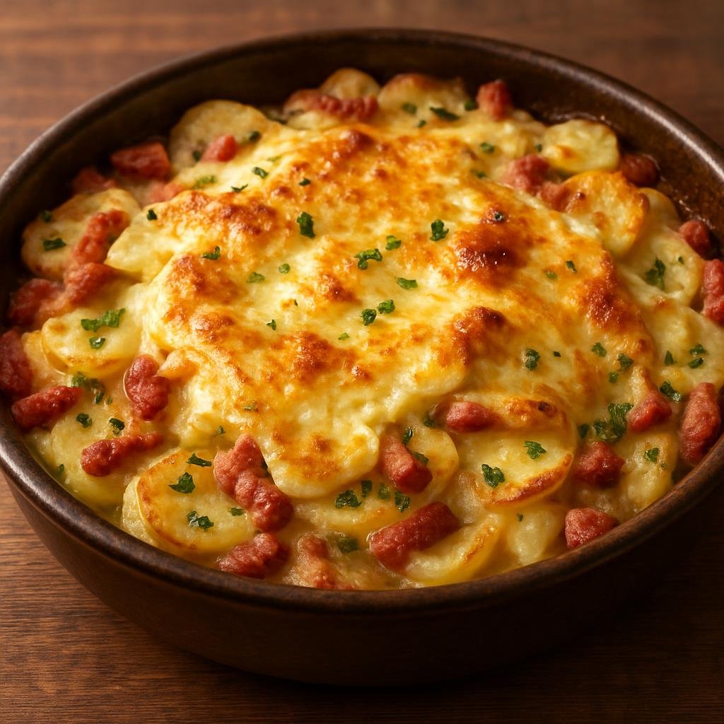 Entree: Saint Pierre and Miquelon – Tartiflette (Baked French potato and Reblochon cheese gratin with lardons and cream) recipe