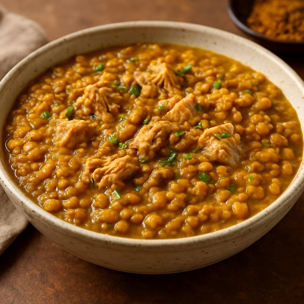 Entree: Seychelles – Lentil Curry with Tuna (Hearty curried lentils cooked with canned tuna and Seychellois spices) recipe
