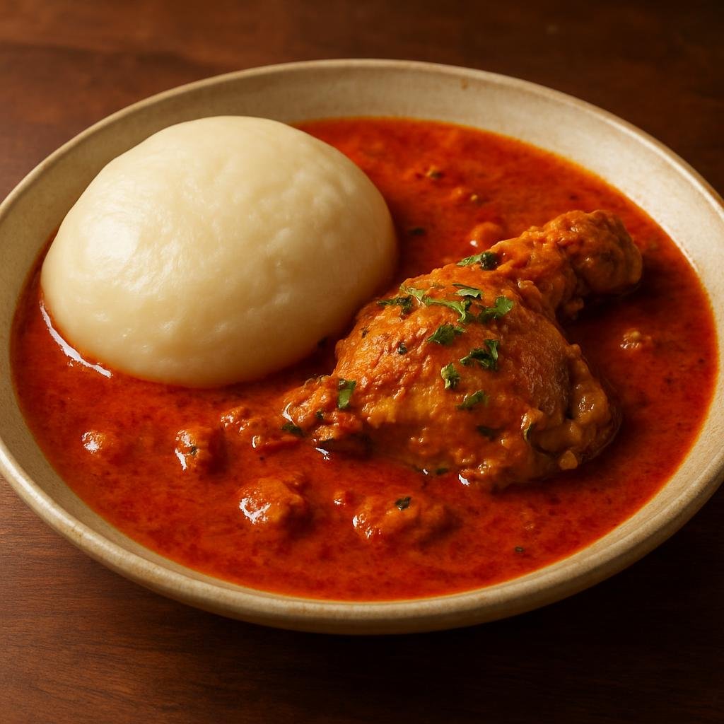 Entree: Togo – Fufu with Palm Nut Soup (Starchy pounded cassava and plantain served with a rich, spiced palm-fruit and palm-oil soup with chicken) recipe