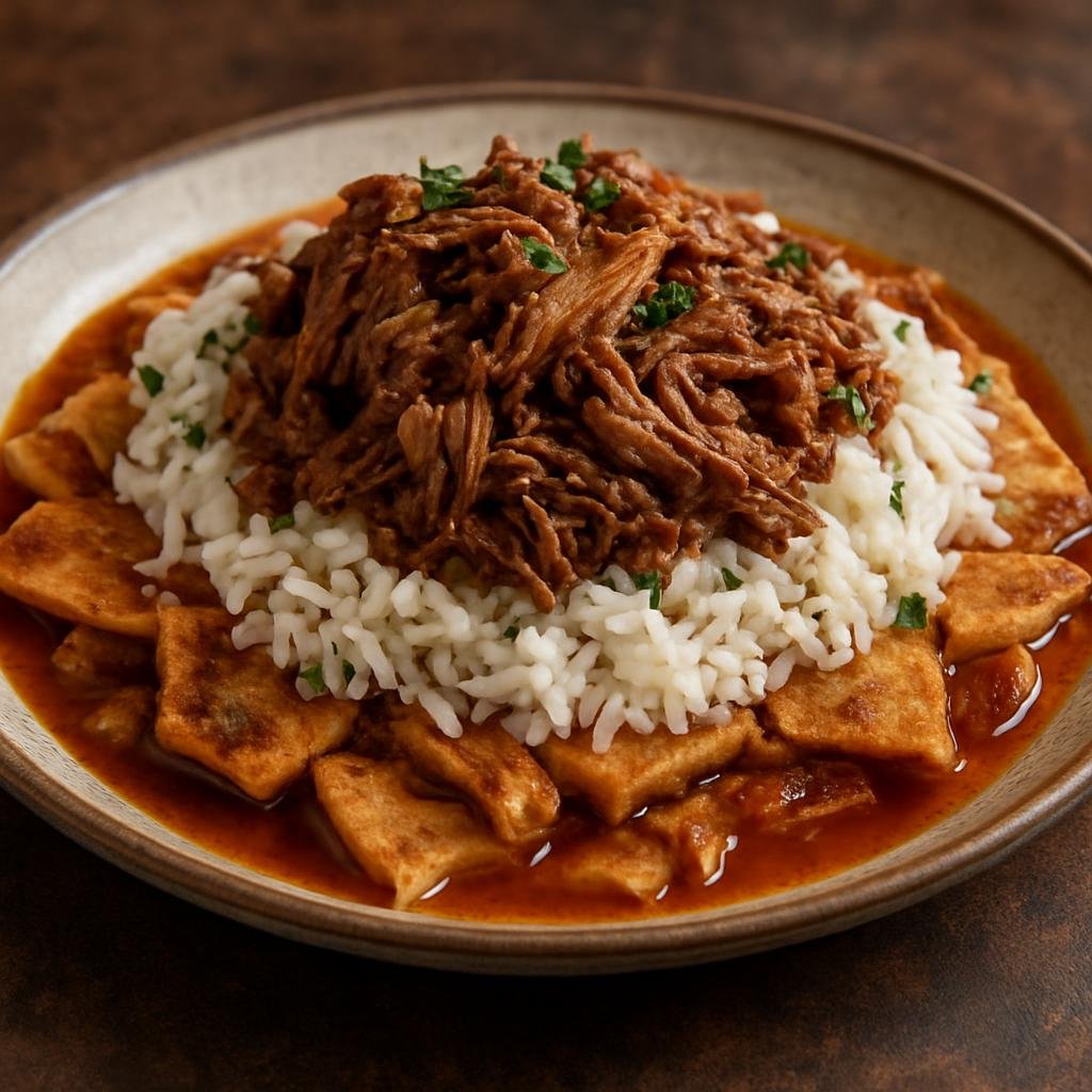 Entree: Yemen – فتة ➤ fattah (Layered dish of toasted flatbread soaked with spiced lamb broth, served with rice and shredded meat) recipe