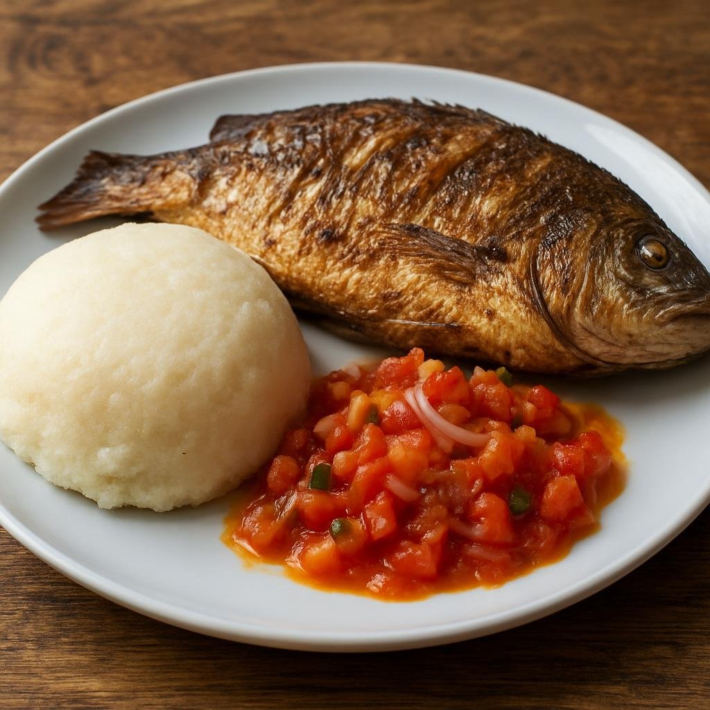 Entree: Zambia – Bream Fish with Nshima (Pan-fried whole bream served with firm maize porridge and a bright tomato and onion relish) recipe