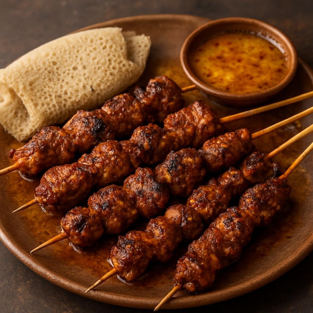 Entree: Ethiopia – Afar – Afar Skewered Goat (Charcoal-grilled marinated goat skewers seasoned with regional Afar spices and spiced clarified butter) recipe