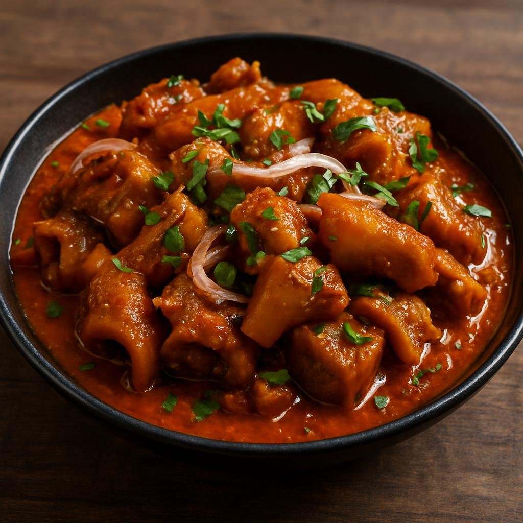 Entree: Nigeria – Fulani Pastoral – Nkwobi (Spicy seasoned palm-oil sauce with tender cow foot served as a rich Nigerian communal meat delicacy) recipe